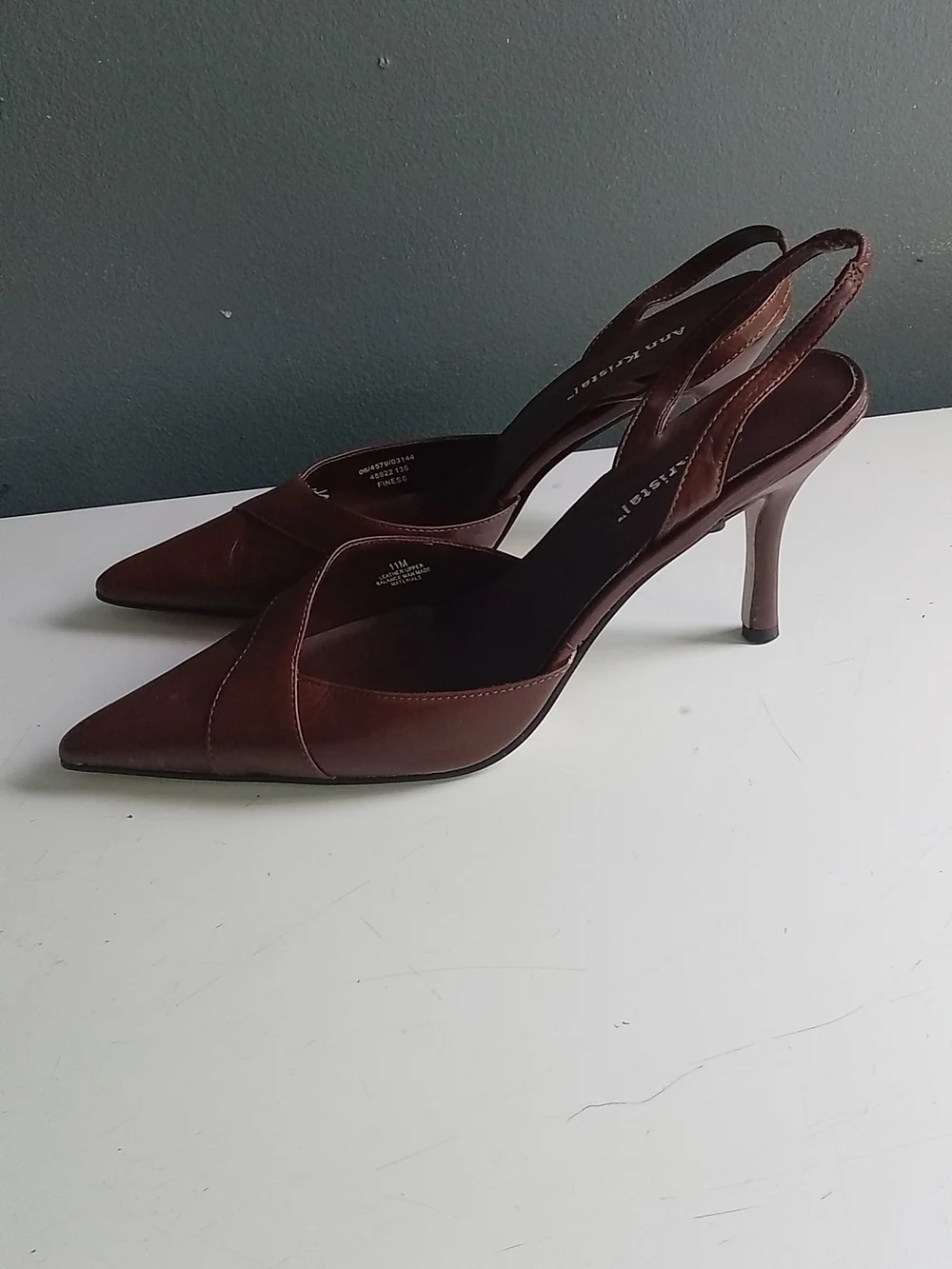 Ann Kristal Finesse Brown Leather Pointed Toe Slingback Stiletto Heels 11M